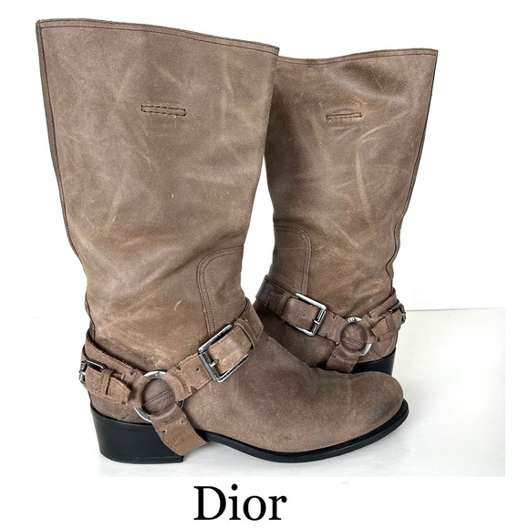 Dior Shoes - CHRISTIAN DIOR Taupe Leather Strap Harness Cowboy Riding Mid Calf Boots Sz 41